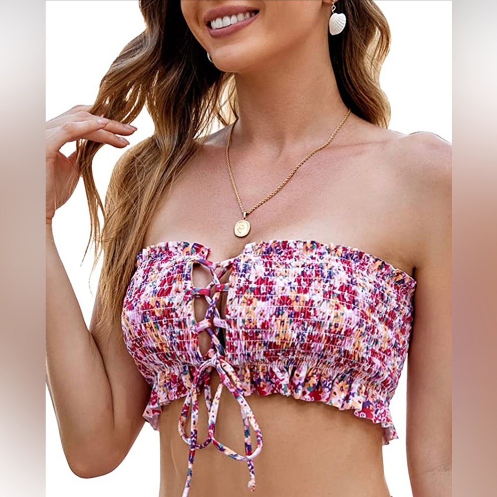 MOLYBELL Women Cute Shirred Bandeau Bikini top
